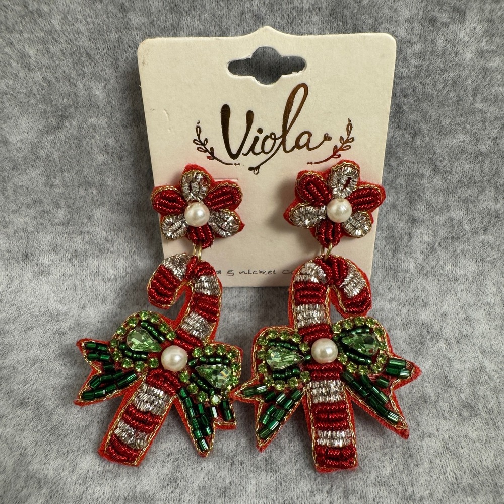 Viola Christmas Candy Cane Earrings Seed Beads Faux Pearls Green Glass Stones - Picture 3 of 4